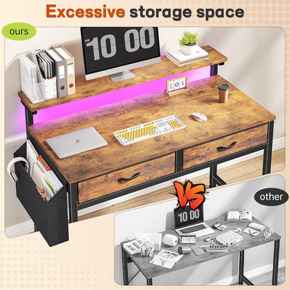 Gaming Desk with LED Lights with 2 Drawers, 31.5 Inch Desk Home Office Desk Computer Desk with Side Pocket & Ergonomic Monitor Stand, Small Space Study Writing Table with Anti-Tip Design, Rustic Brown