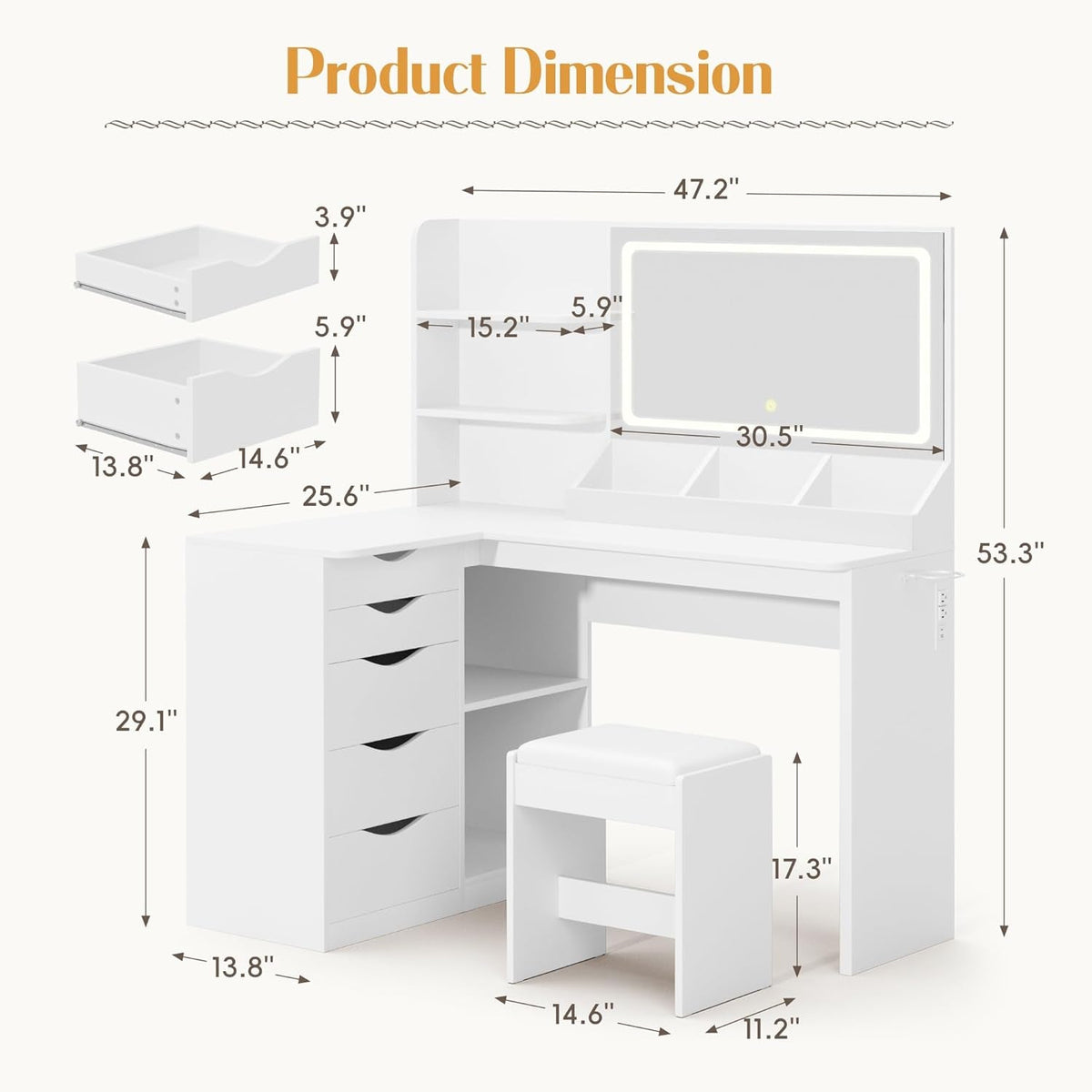 Vanity Desk with Lights and Mirror, L Shaped Makeup Table, Dresser with Hairdryer Holder and Power Outlet, Adjustable 3 Lighting Modes, 5 Drawers and Adjustabled Open Storage Shelves, White