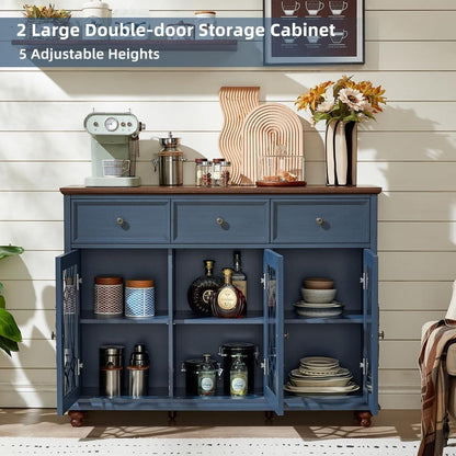 Farmhouse Sideboard Buffet Cabinet with Storage,48" Large Credenza with 3 Glass Doors & 3 Drawers,Adjustable Shelves Console Table,Wood Kitchen Coffee Bar for Dining Room,Living Room,Navy Blue