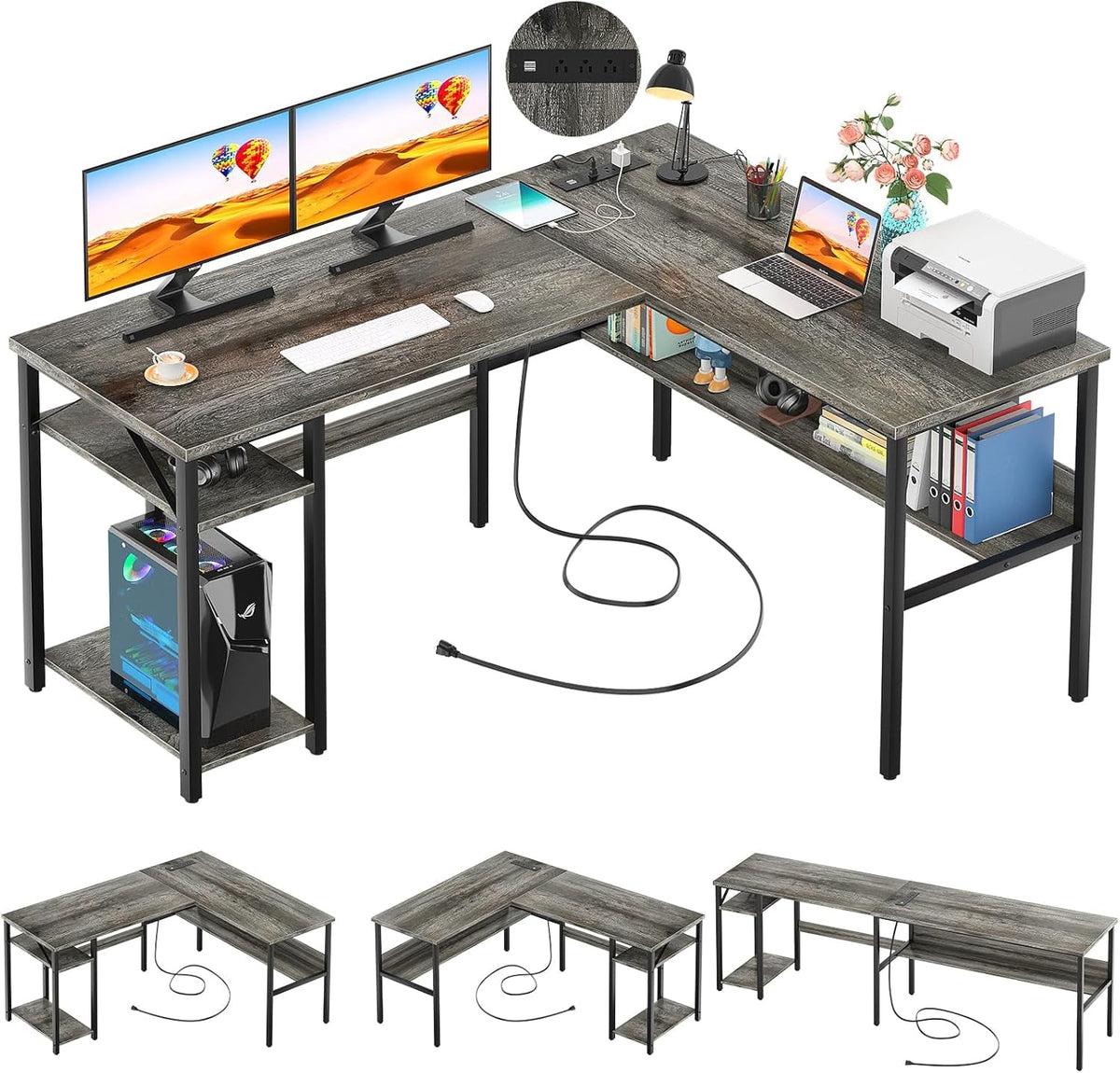 Reversible L Shaped Desk with Magic Power Outlets and USB Charging Ports, Sturdy Corner Computer Desk with Storage Shelves, Gaming Desk for Home Office, Easy to Assemble, Black Oak