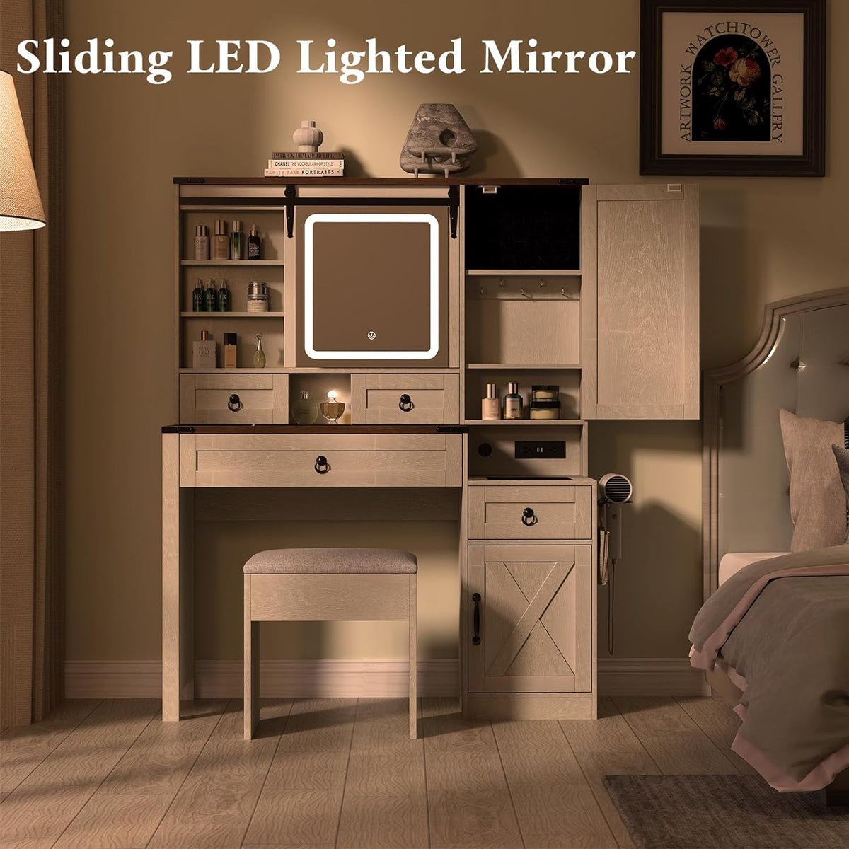 Farmhouse Makeup Vanity Desk with Sliding Mirror and Lights, 42" Glass Top White Vanity Set with Charging Station & 4 Drawers & 2 Cabinets, Dressing Table with Stool for Bedroom