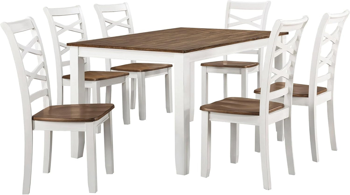 Dining Table Set for 6 with Chairs, Wood 7 Piece Farmhouse Dining Room Table and Chairs Set of 6, Cross Back, Easy Assembly Seater for Indoor Home, Dinner, Kitchen, Cherry/White