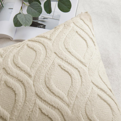 Beige Throw Pillow Covers 18X18 Inch, Neutral Soft Plush Faux Wool Solid Couch Pillows Set of 2, Decorative Farmhouse Boho Cushion Covers for Sofa Living Room Bed Home Decor