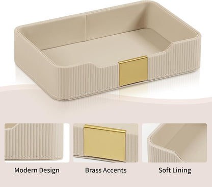 Valet Tray Desktop Storage Organizer, PU Leather Catchall Bedside Vanity Tray with Brass Accents Block Nightstand Organizer for Keys Watch Wallet Phone, Decorative Nightstand Storage (Beige)