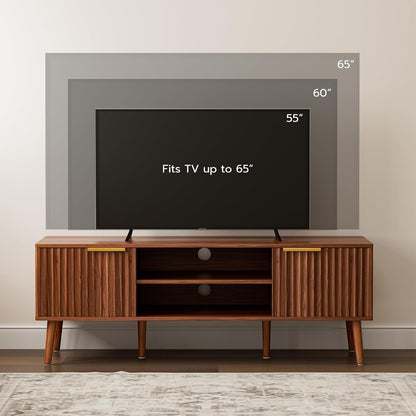 TV Stand for Living Room, Mid Century Modern Entertainment Center for 55/60/65 Inch Tvs, TV Console with Fluted Door Cabinets and Open Shelves, for Bedroom, Walnut