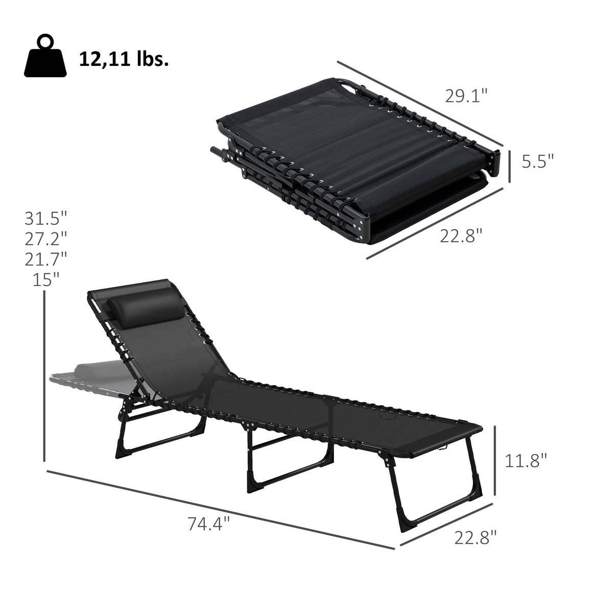 2 Folding Chaise Lounge Pool Chairs with 4-Position Reclining Back, Pillow, Breathable Mesh & Bungee Seat, Black