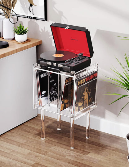 Acrylic Record Player Stand, with Vinyl Storage, Clear Acrylic Side Table (Clear)