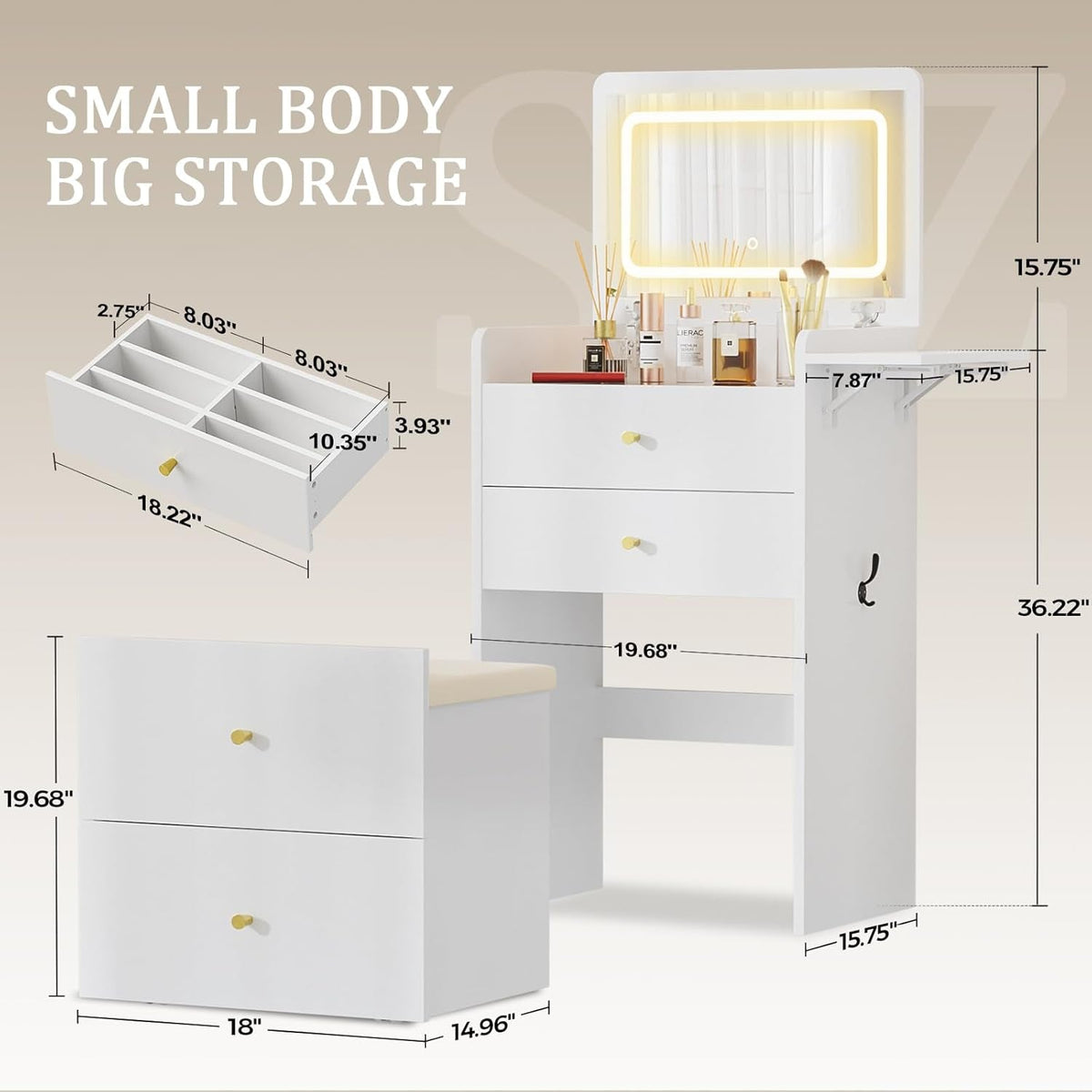Makeup Vanity Desk with Mirror and Lights, Small 3 in 1 Vanity Table with Visible Glass Top, Flip Top & 3 Drawers, Compact Dresser with Storage Stool for Bedroom, Office or Nightstand