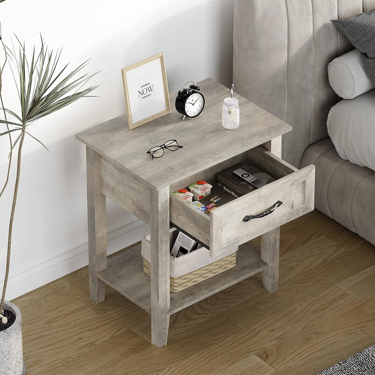 Grey Nightstands Set of 2, End Table with Drawer, Side Table for Spaces, 2 Tiers Storage Shelves with Dresser, Bedside Table for Living Room, Bedroom, Dorm (2Pcs-Grey)