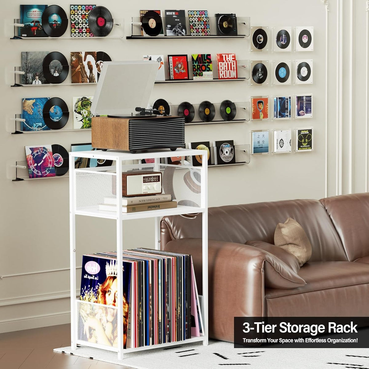 3 Tier End Table,Record Player Stand with Storage up to 100 Albums,Turntable Stand for Vinyl,White Records Shelf for Living Room Bedroom