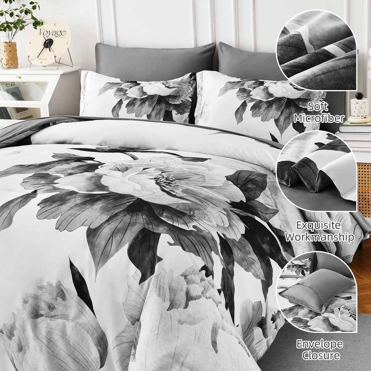 Grey Queen Comforter Set 7 Piece Bed in a Bag, Gray Floral Printed on White Comforter Set with Sheets, Soft Microfiber Botanical Farmhouse Bedding Set for All Season