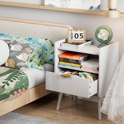 Night Stand Modern End Table with Storage Drawer and Open Shelf, Small Bedside Table, Wooden Sofa Side Stand for Bedroom,Study Room and Small Spaces (White)