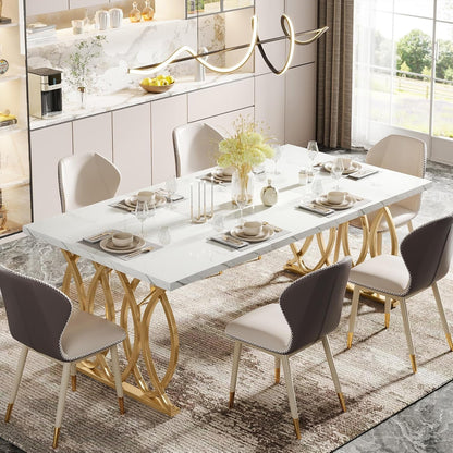63-Inch Faux Marble Dining Table with Gold Geometric Legs