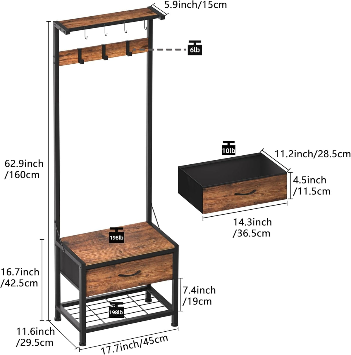 Hall Tree with Shoes Bench, Small Coat Rack with Fabirc Drawer and Shelf for Bedroom, 4-In-1 Entryway Organizer with Shoes Stool for Living Room, Entryway, Closets (Rustic Brown)