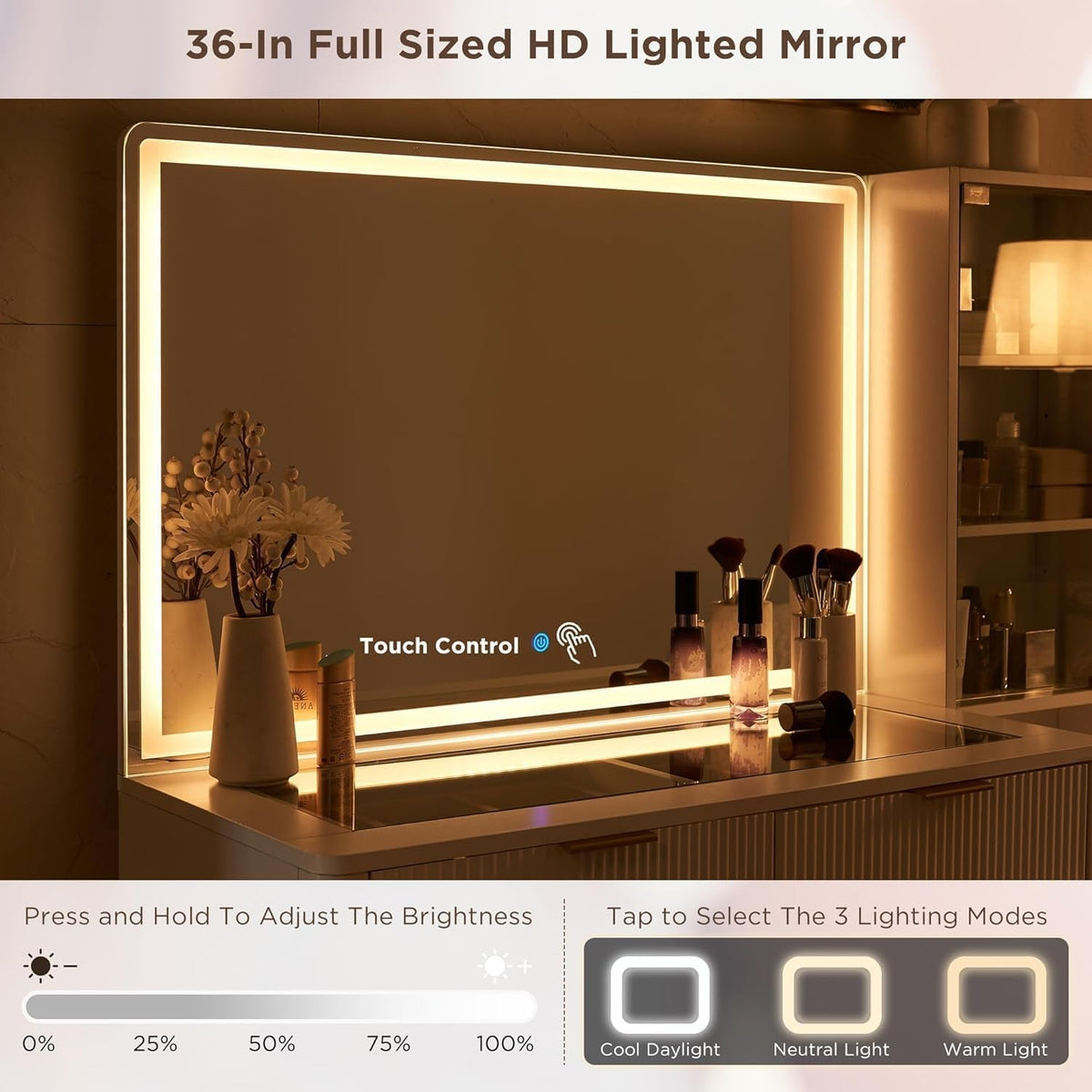 Fluted Makeup Vanity Desk with 36" HD Lighted Mirror, 48" Big Modern Vanity Desk with Mirror and Lights, Dressing Table with 5 Drawers & Shelves, Glass Top for Bedroom (Off White)