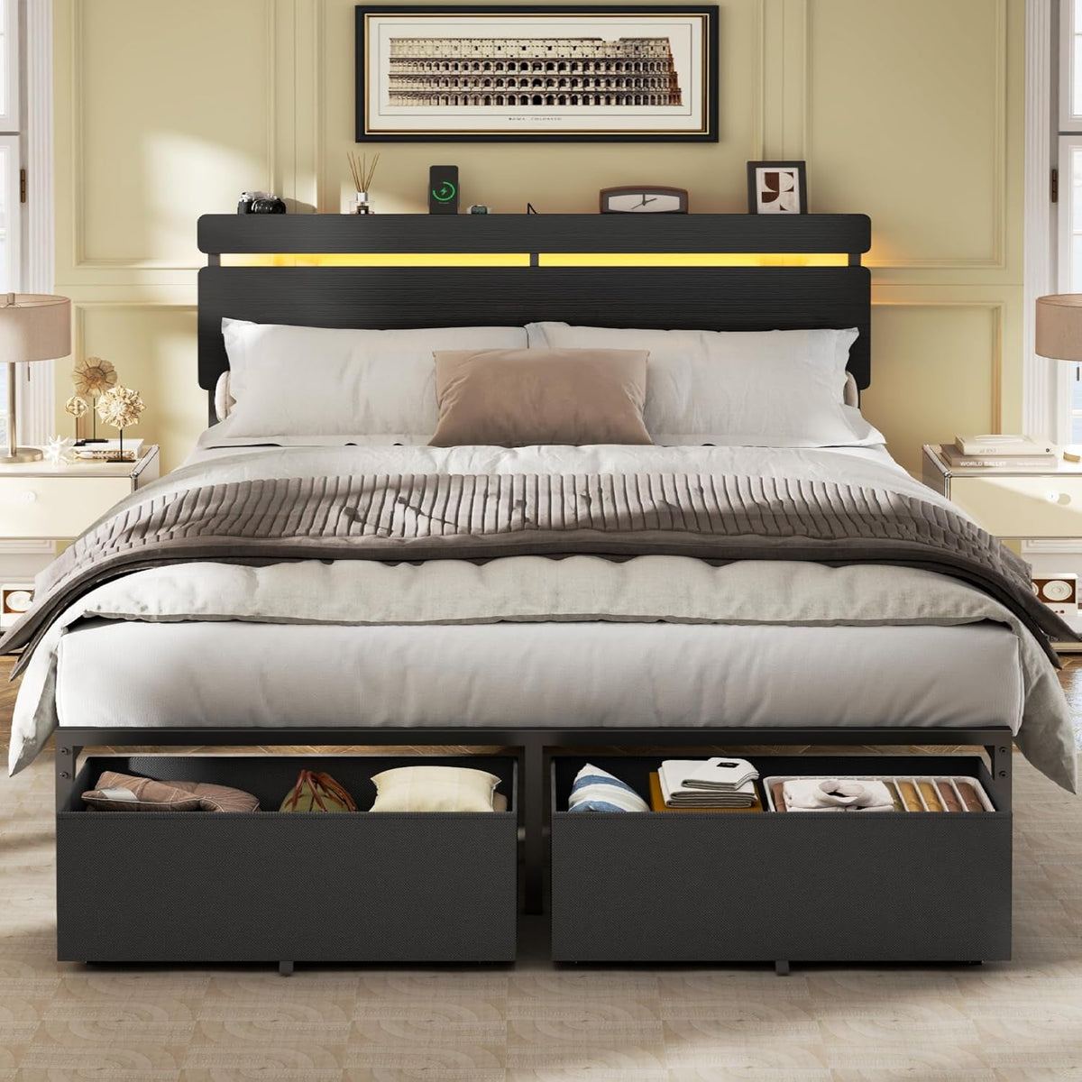 Queen Bed Frame with Wood Headboard, Black Platform Bed with 2 Storage Drawers & Shelf, Built-In Charging Station & LED Lights, Metal Support, No Box Spring Needed, Cama Queen Size