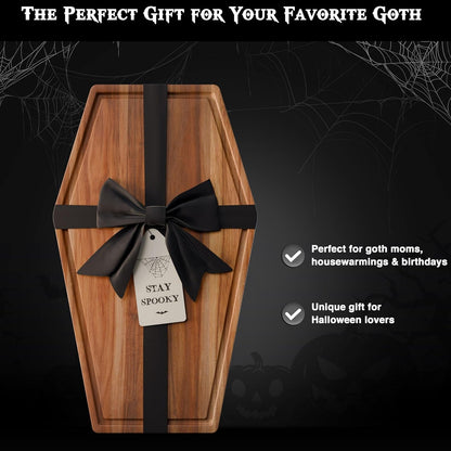 New - Large Coffin Charcuterie Board - Gothic Acacia Wood Coffin Shaped Cutting Board 17X10.5Inch, Halloween Wooden Serving Tray, Goth Platter, Spooky Decor Gifts