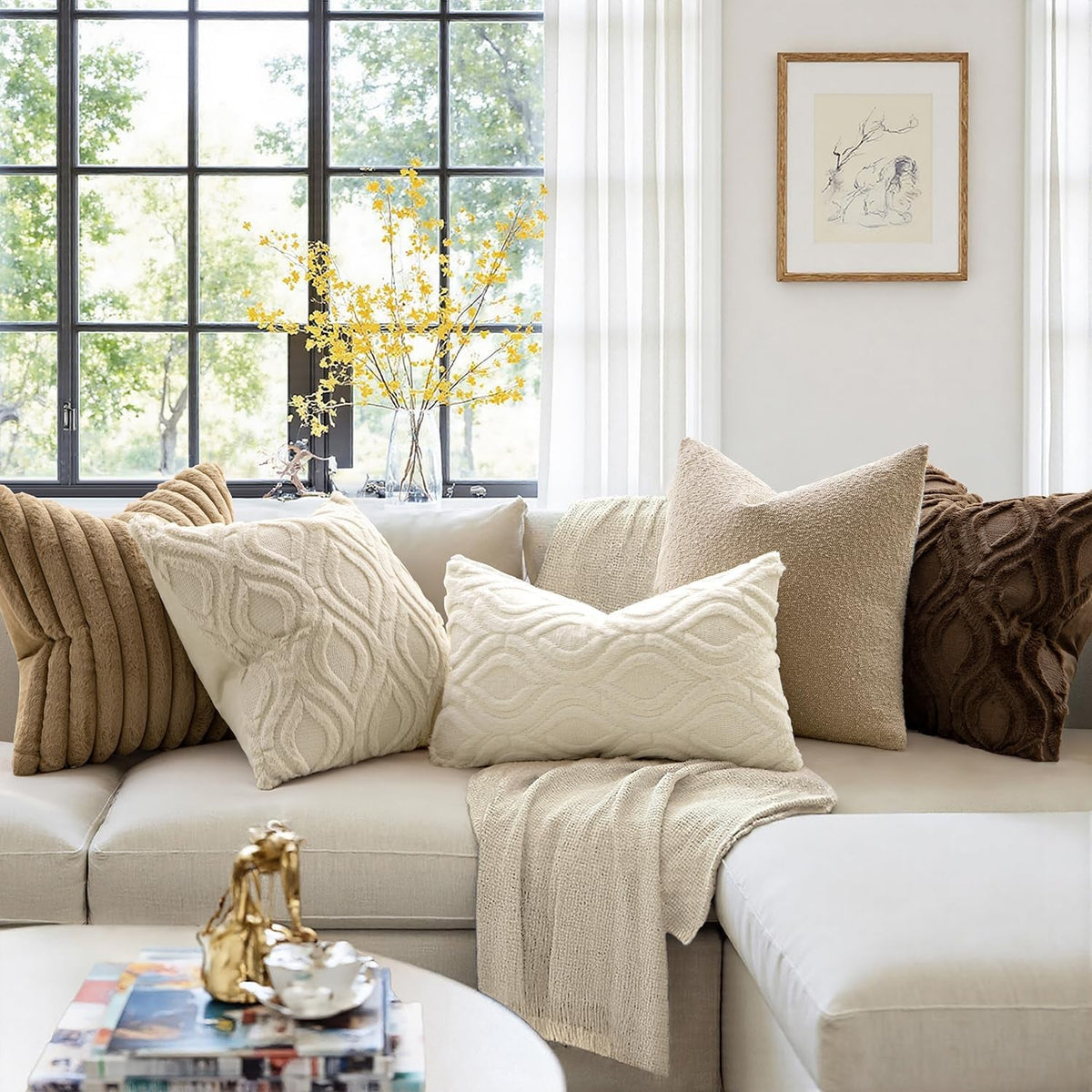 Beige Throw Pillow Covers 18X18 Inch, Neutral Soft Plush Faux Wool Solid Couch Pillows Set of 2, Decorative Farmhouse Boho Cushion Covers for Sofa Living Room Bed Home Decor