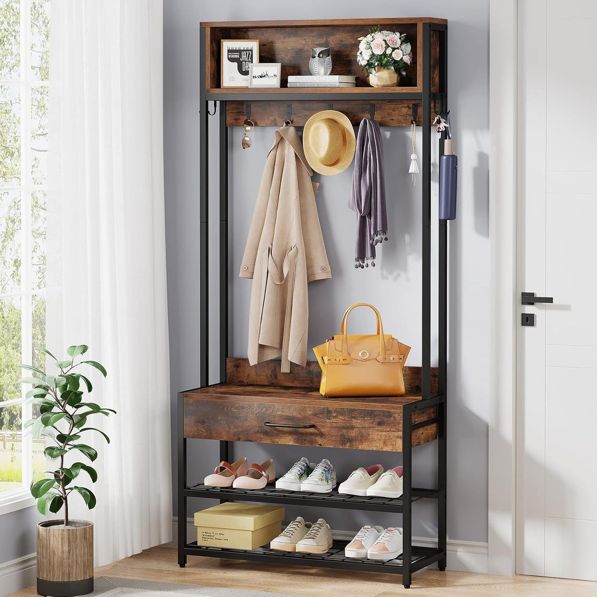 3-In-1 Entryway Hall Tree with Drawer, Vintage Industrial Coat Rack with Shoe Bench and Hutch, Mudroom Bench with Shoe Storage Rack and 9 Hooks for Living Room Bedroom (Brown)