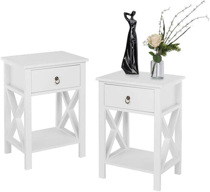 Farmhouse Nightstand Set of 2 with Drawer and Shelf, White