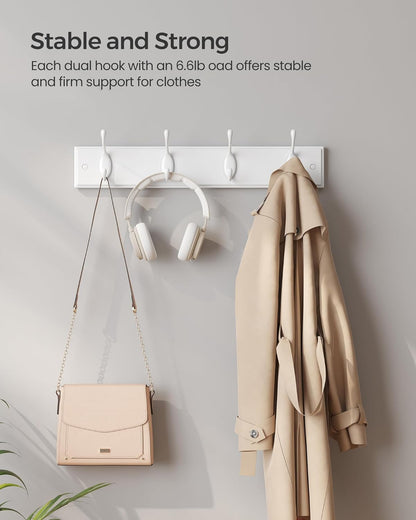 Set of 2 Wall-Mounted Coat Rack, Hook Rack, 8 Dual Metal Hooks, for Coats, Bags, Keys, in the Entryway, Bedroom, Living Room, White ULHR232W01