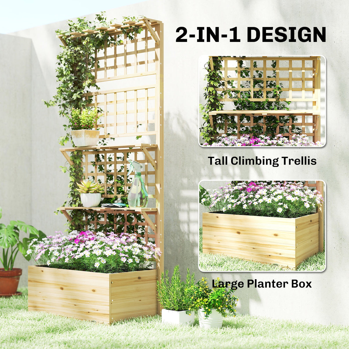Wooden Raised Garden Bed with Trellis and Roof, Elevated Planter Box with 2 Shelves, Drainage Hole and Liner, Natural