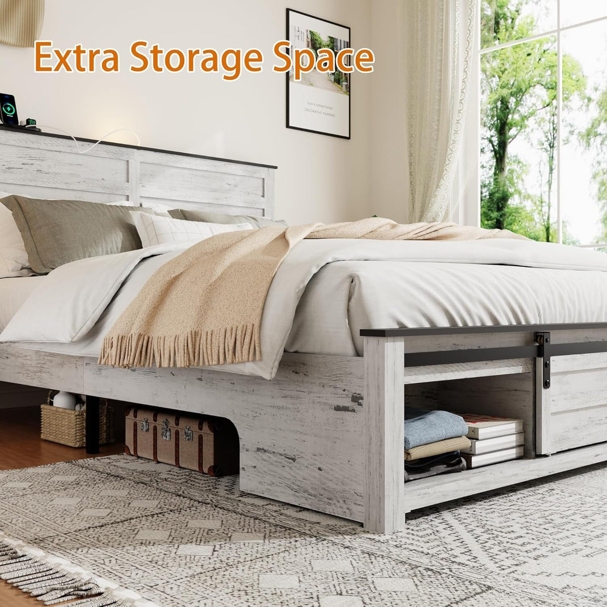 Wooden Queen Size Bed Frame with Headboard, Boho White Farmhouse Storage Bedframe with Sliding Barn Door Footboard and Charging Station, Solid Wood Slats, No Box Spring Needed