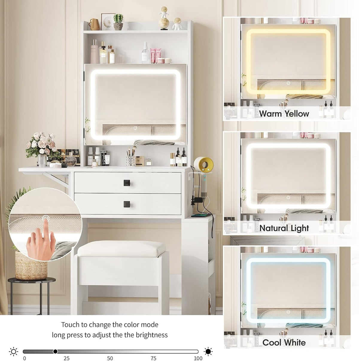 Small Makeup Vanity Desk with 3 Adjustable Lighted Mirror, White Vanity Set with Fold-Up Panel and Charging Station, Glass Top Dressing Table with Drawers and Chair, 2 Hidden Storage Shelves