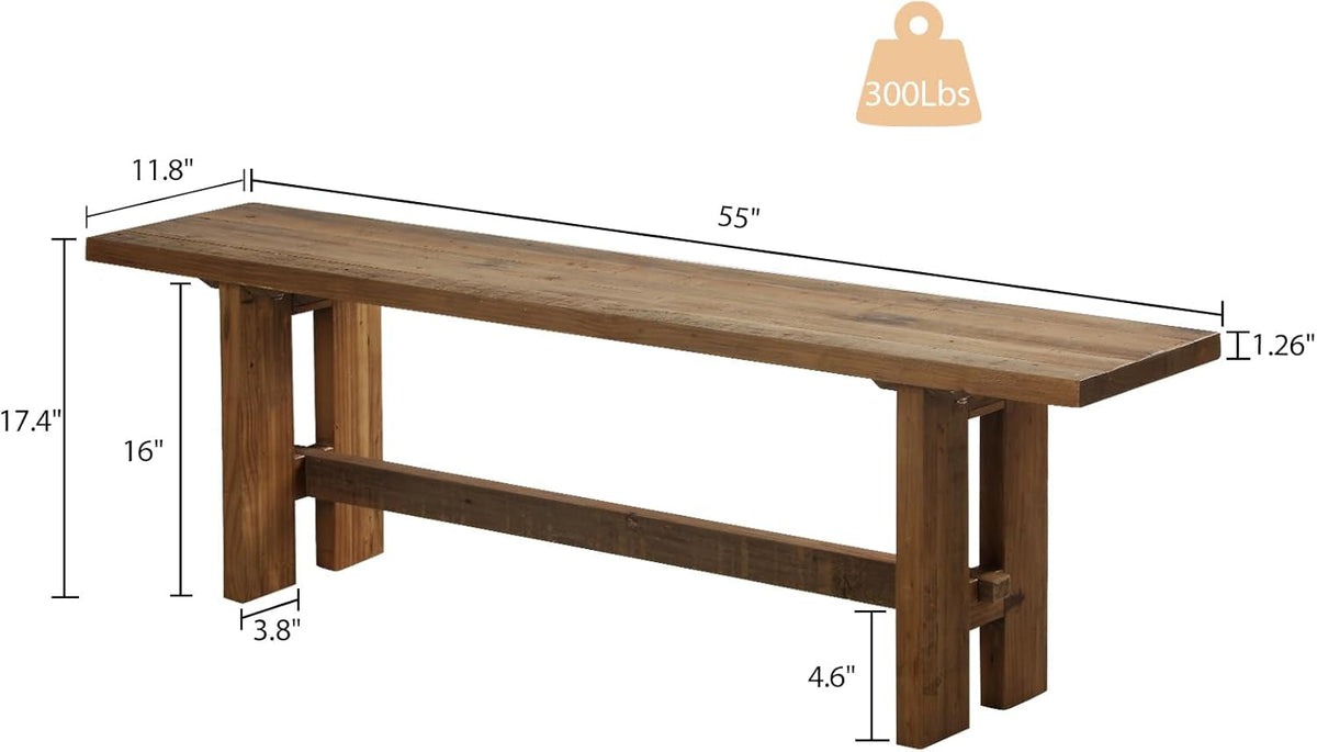 Reclaimed Solid Wood Bench, 55" Farmhouse Entryway Bench for Hallway, Kitchen, Dining, Bedroom, Narrow Indoor Bench with Rustic Charm