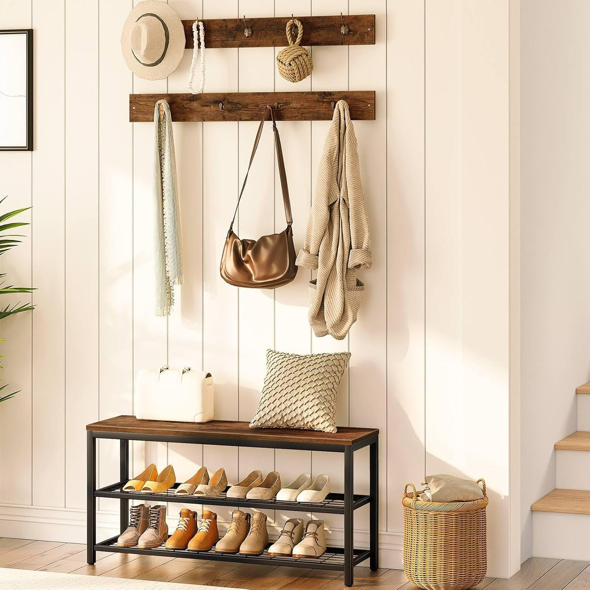 Hall Tree with Bench, Coat Rack Shoe Bench Set, Entryway Shoe Rack with Coat Hooks, Hall Tree Coat Rack, Mud Room, Industrial, for Foyer, Front Door, Rustic Brown BF07MT01
