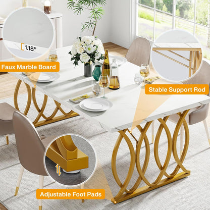63-Inch Faux Marble Dining Table with Gold Geometric Legs