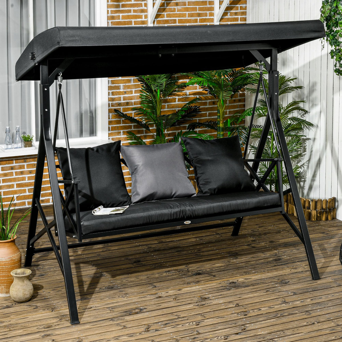 3-Seat Patio Swing Chair, Porch Swing Glider with Cushion, 3 Throw Pillows & Adjustable Canopy, Black