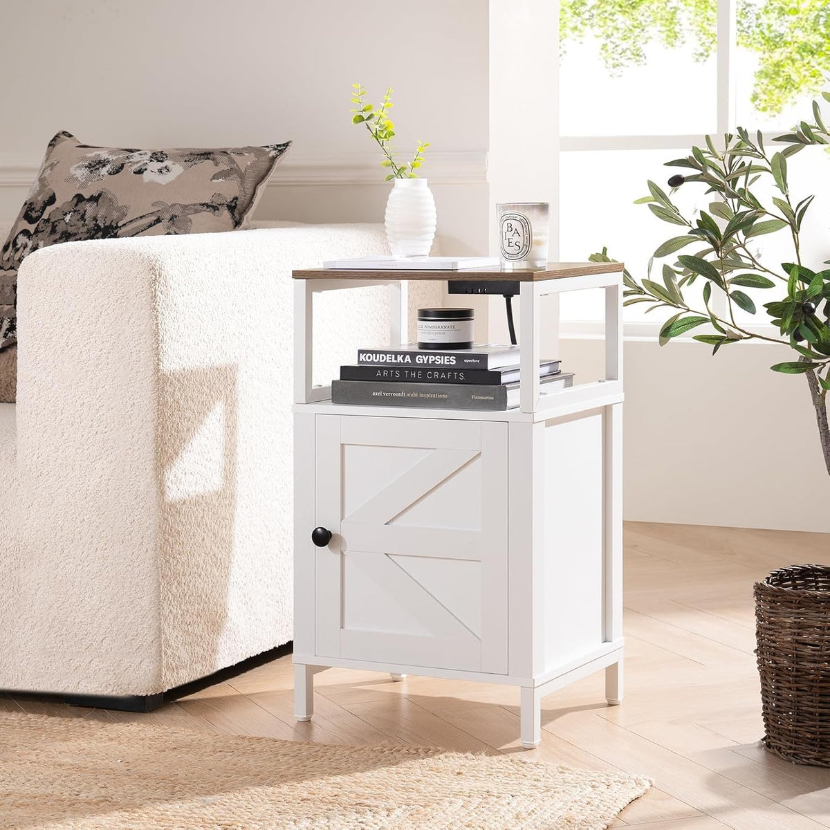 Farmhouse Nightstand with Charging Station, Wood Night Stand End with USB Ports, LED Bed Side Table with Storage Cabinet, Bedside Table for Bedroom, Living Room White