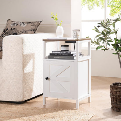 Farmhouse Nightstand with Charging Station, Wood Night Stand End with USB Ports, LED Bed Side Table with Storage Cabinet, Bedside Table for Bedroom, Living Room White