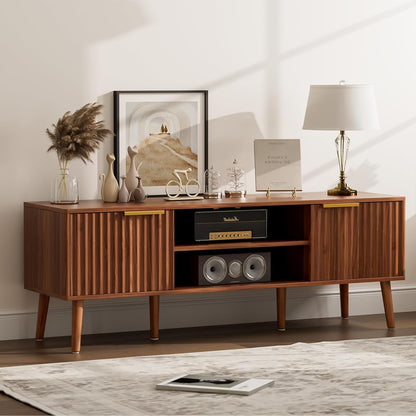 TV Stand for Living Room, Mid Century Modern Entertainment Center for 55/60/65 Inch Tvs, TV Console with Fluted Door Cabinets and Open Shelves, for Bedroom, Walnut
