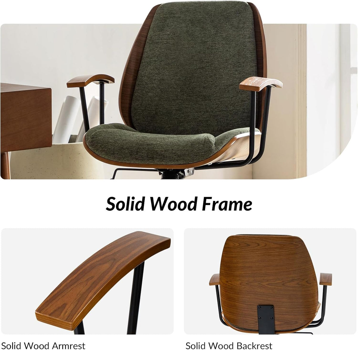 Solid Wood Office Chair with Rocking Function, Comfy Fabric Desk Chair with Bent Wood and Metal Base, Height Adjustable Swivel Computer Task Chair, Green