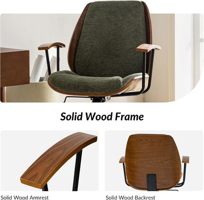 Solid Wood Office Chair with Rocking Function, Comfy Fabric Desk Chair with Bent Wood and Metal Base, Height Adjustable Swivel Computer Task Chair, Green