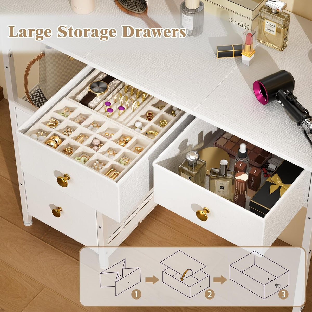 White Vanity Desk without Mirror, Small Makeup Desk with 4 Fabric Drawers, 33.5 Inches Dressing Table with Storage, Vanity Table for Bedroom with Hook, White