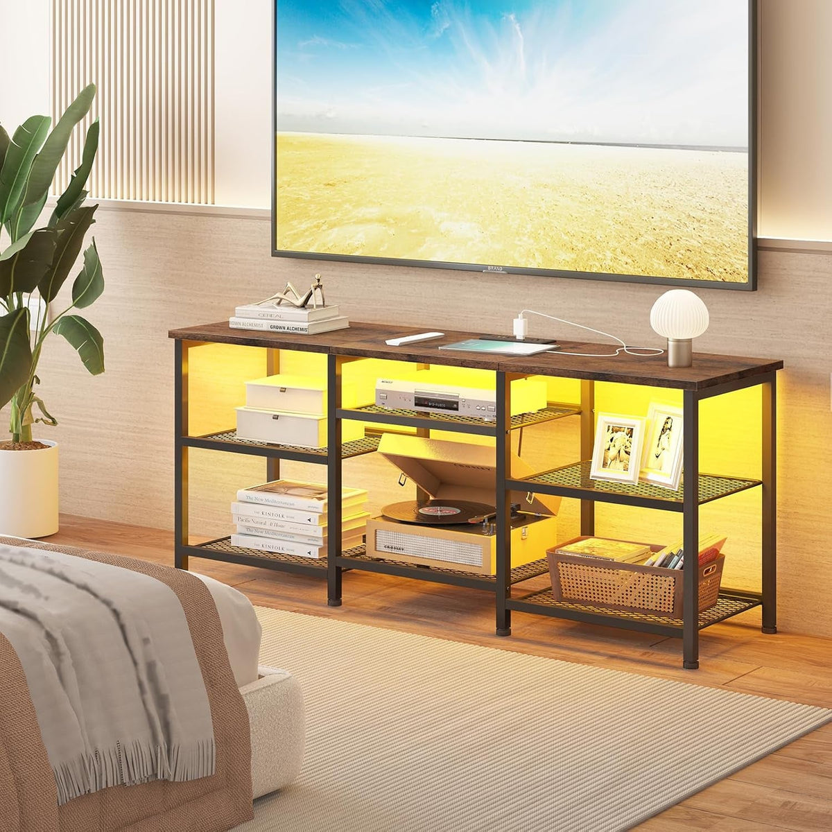 TV Stand for 55 Inch Tvs, Entertainment Center with Movable Shelf Panels, Power Outlet and LED Lights Open Storage Shelves, TV Media Console Table for Living Room and Bedroom, Rustic Brown