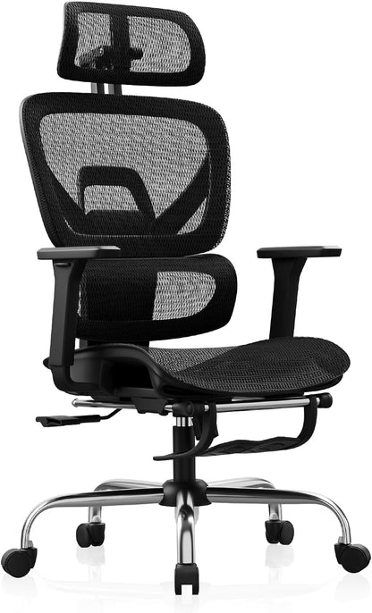 Ergonomic Office Chair with Footrest, Mesh Desk Chair with 135° Recline, Adjustable Lumbar Support, 3D Armrests and Headrest, Swivel Computer Chair for Home Office