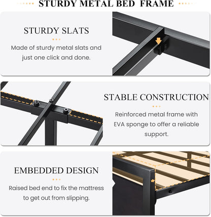 Queen Size Bed Frame with Modern Headboard, Heavy Duty Platform Metal Base with Square Footboard and 13 Strong Slats Support, No Box Spring Needed, Black
