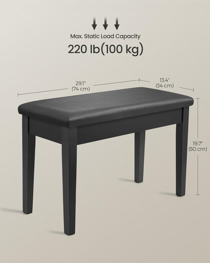 Duet Piano Bench with Padded Cushion and Storage Compartment, Piano Chair Seat, 13.4 X 29.1 X 19.7 Inches, Ink Black ULPB75BK
