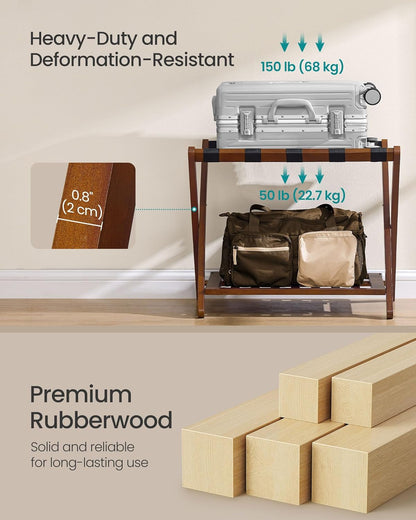 Solid Wood Luggage Rack, No Assembly Required, Foldable Suitcase Stand, Luggage Holder, with Storage Shelf, for Guest Room, Hotel, Bedroom, Coffee Brown URLR020K02