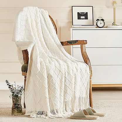Knitted Throw Blanket for Couch and Bed, Soft Living Room Home Decor Knitted Blanket with Tassel, Outdoor Lightweight Breathable Summer Blanket, Farmhouse Warm Woven Decorative, 50"X60"