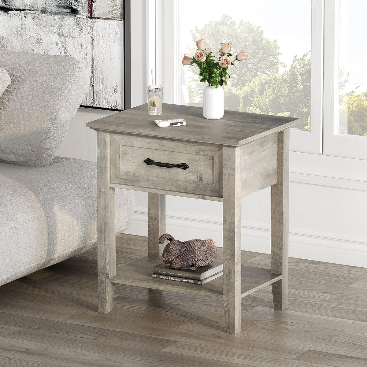 Grey Nightstands Set of 2, End Table with Drawer, Side Table for Spaces, 2 Tiers Storage Shelves with Dresser, Bedside Table for Living Room, Bedroom, Dorm (2Pcs-Grey)