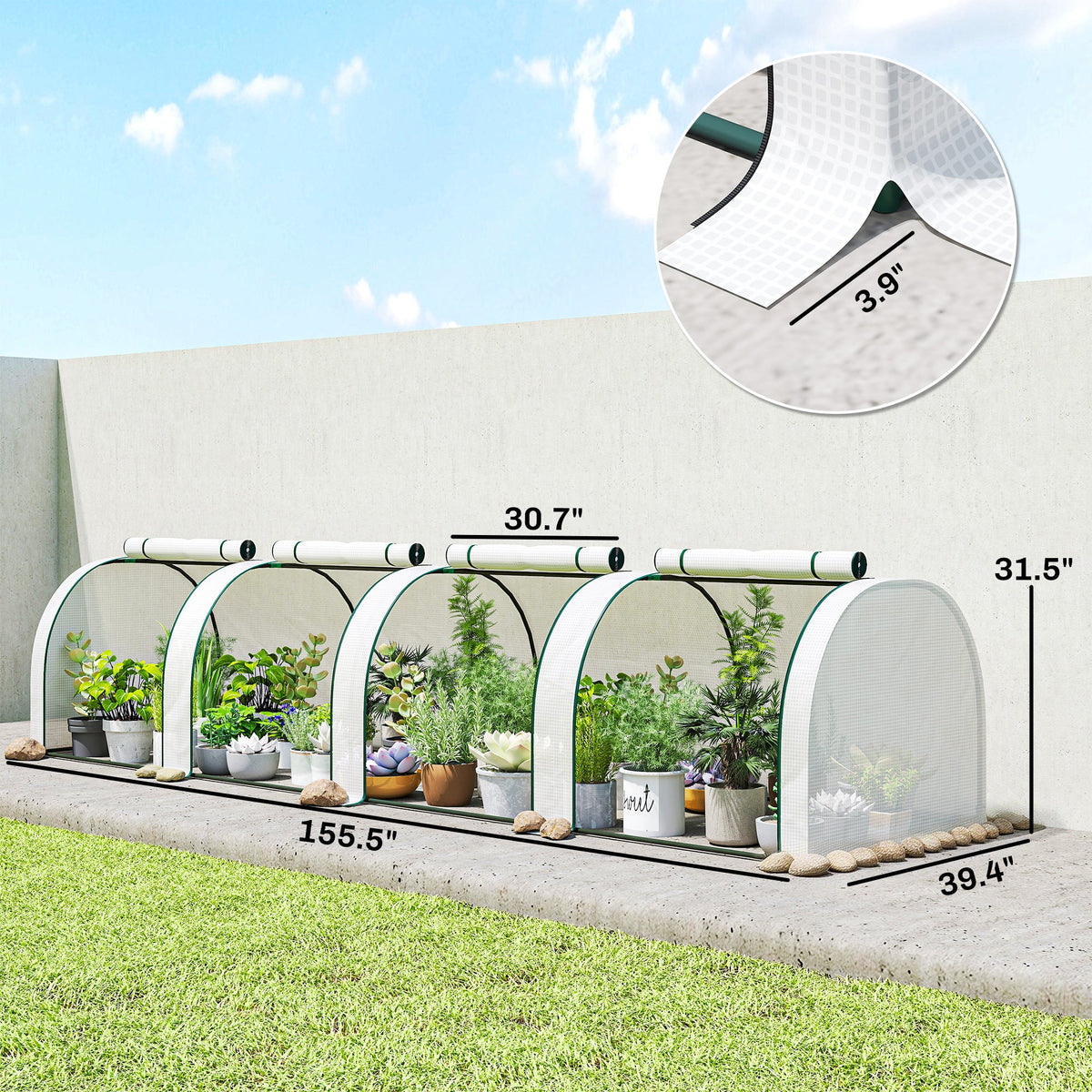 13' L x 3' W x 2.5' H Portable Tunneled Greenhouse with 4 Zippered Doors, Water/UV Fighting PE Cover, White