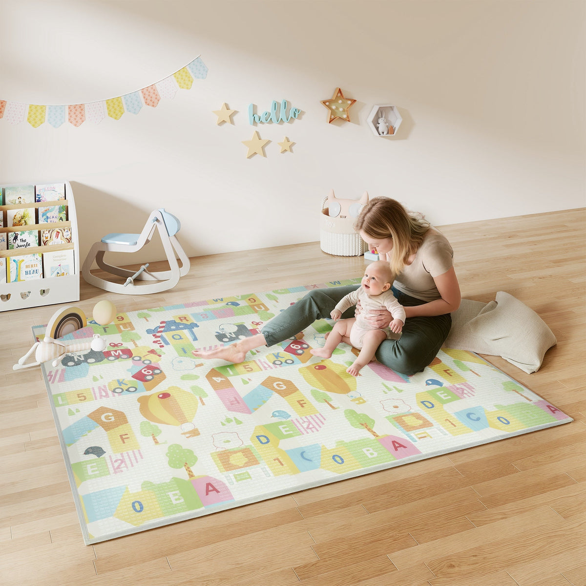 Foldable & Reversible Baby Play Mat, 79" x 71" Foam Floor Mat, Non-Slip Waterproof Crawling, Alphabet & Cloud Design