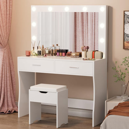 Vanity Desk Set with Large Lighted Mirror, 35.4 Inch Makeup Vanity Table with 2 Drawers, Cushioned Storage Stool, 3 Lighting Modes Brightness Adjustable, Dressing Table for Bedroom (White)
