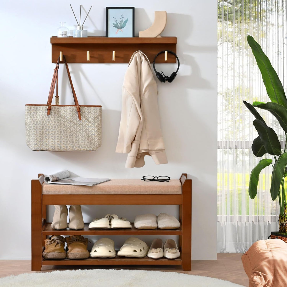 Shoe Rack for Front Door Entrance, 28” Entryway Bench with Coat Rack, Hall Tree Shoe Bench with Storage for Entry, Hallway, Bedroom, Living Room
