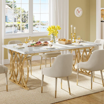 63-Inch Faux Marble Dining Table with Gold Geometric Legs